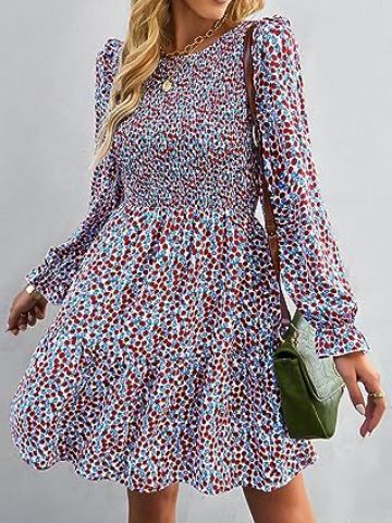 Virágos bohém elegáns ruha, hosszú ujjal