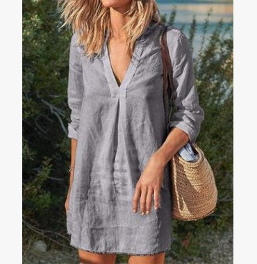 Divatos, közepes hosszúságú lezser vászon pamut ruha