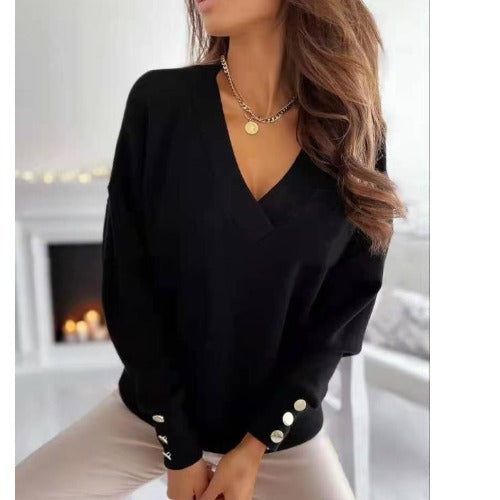 2023-as gombos mandzsettával díszített, nyakú, hosszú ujjú alkalmi pulóver