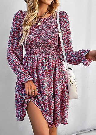 Virágos bohém elegáns ruha, hosszú ujjal