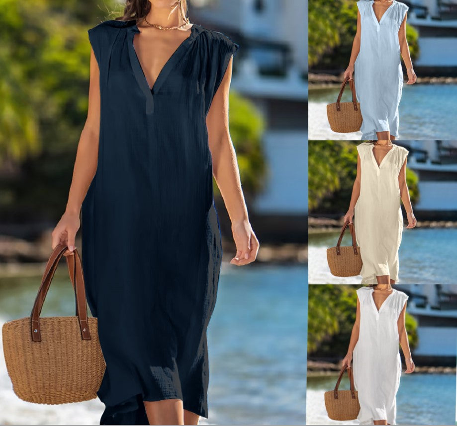 V-nyakú bő pamutvászon ujjatlan ruha