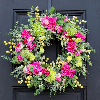 POMLAD POLETJE EVKALIPTUS ZELENA HORTENZIJA IN FUKSIJA DALIJ VENEC