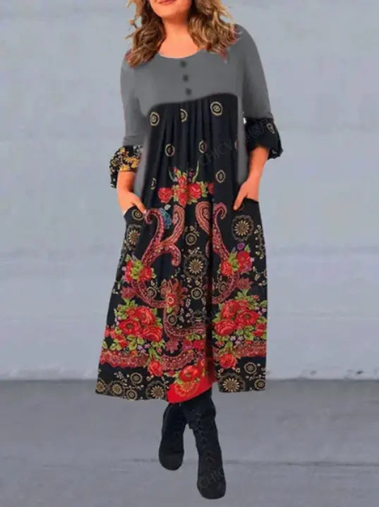 【S-5XL】 👗 2023-as új őszi és téli retro mintás hosszú ujjú alkalmi ruha