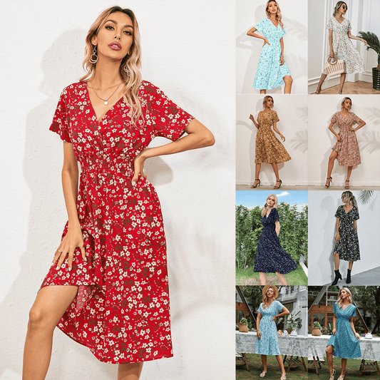 Nyári V-nyakú, virágmintás rövid ujjú ruha