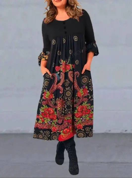 【S-5XL】 👗 2023-as új őszi és téli retro mintás hosszú ujjú alkalmi ruha