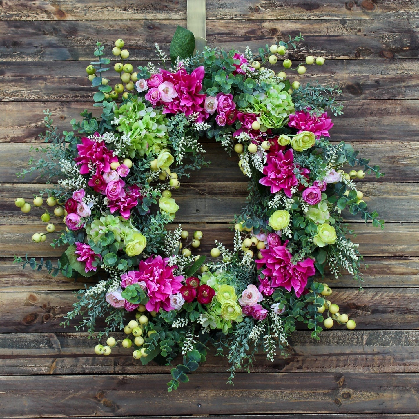 POMLAD POLETJE EVKALIPTUS ZELENA HORTENZIJA IN FUKSIJA DALIJ VENEC
