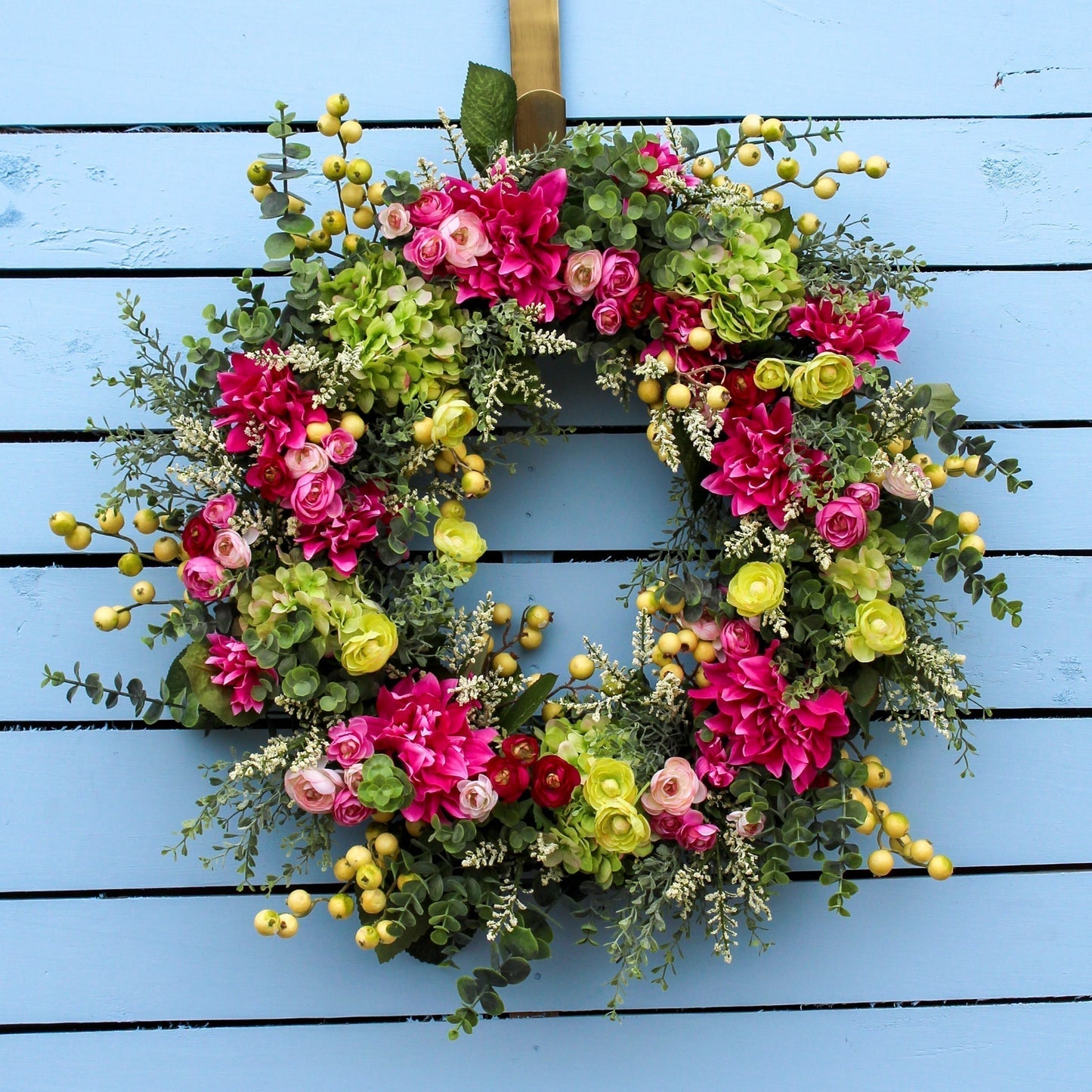 POMLAD POLETJE EVKALIPTUS ZELENA HORTENZIJA IN FUKSIJA DALIJ VENEC