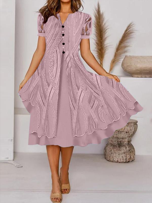 Alkalmi retro mintás V nyakú gombos rövid ujjú midi ruha